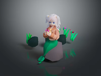 White Haired Mermaid Character Sitting On Rock With Green Plants And Pink Flower 3d model