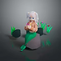 White Haired Mermaid Character Sitting On Rock With Green Plants And Pink Flower