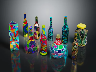 Colorful Decorative Bottles And Artistic Containers Featuring Diverse Patterns And Shapes 3d model