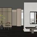 Hotel Public Lounge Area With Wooden Chairs Potted Plant Sliding Panel Screen And Minimalist Design