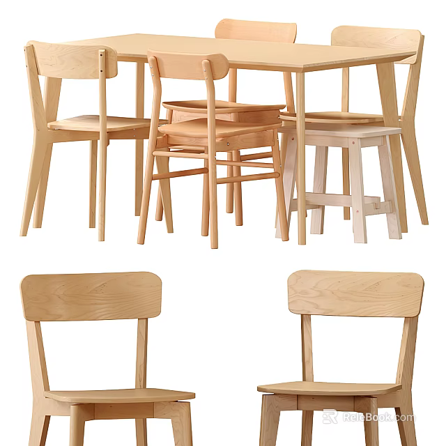 Modern Wooden Dining Table Set With Simple Design Chairs And Light Finish 3d model