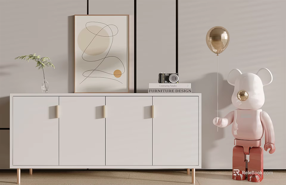 Modern White Console Sideboard Interior With Gold Handles Abstract Painting And Green Plant 3d model 