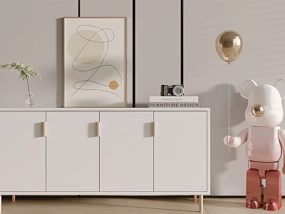 Modern White Console Sideboard Interior With Gold Handles Abstract Painting And Green Plant 3d model