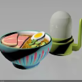 Blue Striped Ramen Bowl With Fried Egg Chashu Pork Vegetables And Green Container
