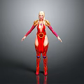 Blonde Woman In Red Outfit With Golden Decorations Detailed Character Model On Gray Background