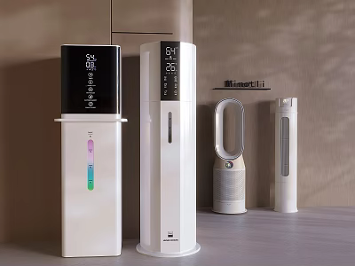 Modern White Household Appliances With Vertical Design Digital Displays And Fan 3d model