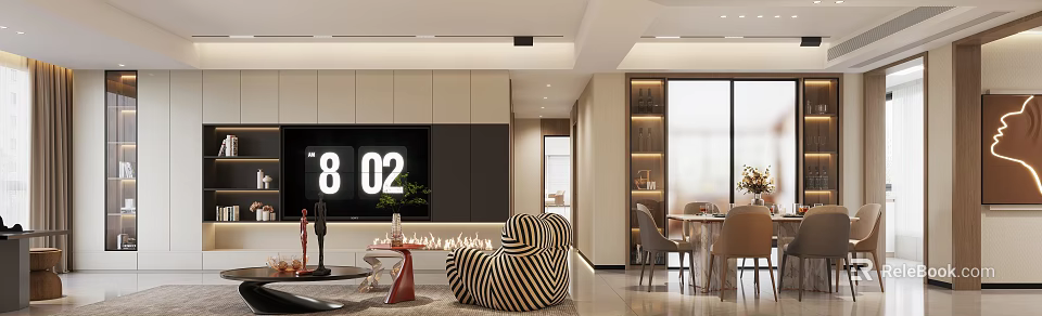 Modern Living Dining Room Open Concept Interior Design With Striped Sofa Dining Table And TV Wall 3d model