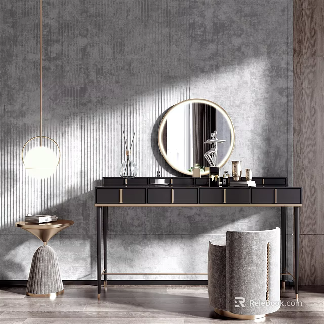 Elegant Black Dressing Table With Round Mirror And Gold Frame On Gray Textured Wall 3d model 