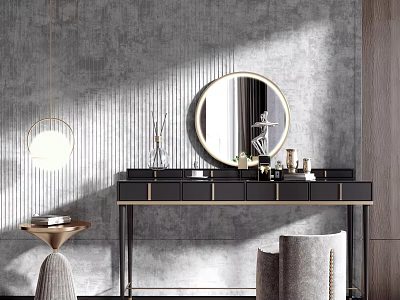 Elegant Black Dressing Table With Round Mirror And Gold Frame On Gray Textured Wall 3d model