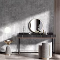 Elegant Black Dressing Table With Round Mirror And Gold Frame On Gray Textured Wall 3d model