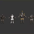 Game and Movie Armored Warrior Characters With Yellow Orange Accents Standing Poses 3D Render