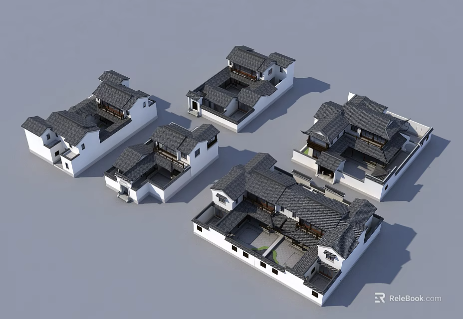 Traditional Style Detached Villas Featuring Gray Roofs White Walls And Courtyard Layout 3d model 