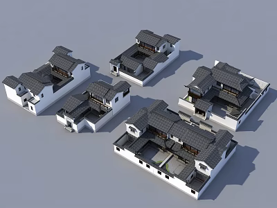 Traditional Style Detached Villas Featuring Gray Roofs White Walls And Courtyard Layout 3d model
