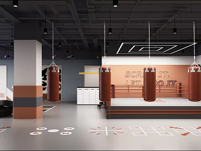 Modern Industrial Fitness Gym With Boxing Ring Hanging Punching Bags And Floor Markers 3d model