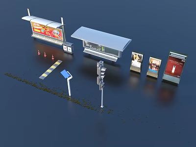 Urban Roadside Facilities Featuring Bus Shelter Billboards Traffic Lights And Signposts 3d model
