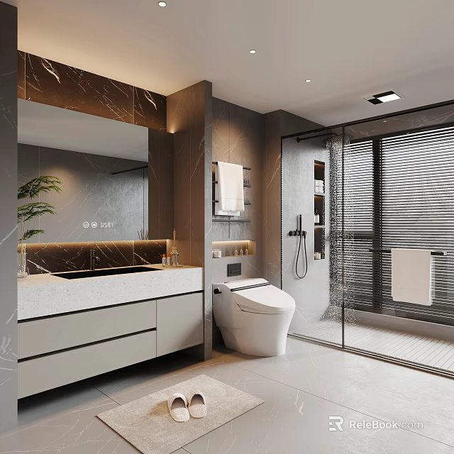 Modern Luxury Bathroom Interior Design With Smart Toilet And Sleek Separated Glass Shower Area 3d model 