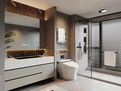 Modern Luxury Bathroom Interior Design With Smart Toilet And Sleek Separated Glass Shower Area 3d model