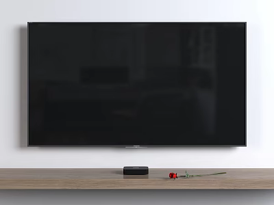 Wall Mounted TV on White Wall with Wooden Shelf Black Device and Red Rose 3d model