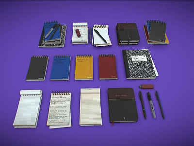 Various Colored Notebooks Including Spiral And Hardcover With Pens For Daily Use 3d model
