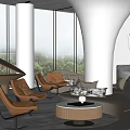 Modern Lounge Area With Floor to Ceiling Windows Brown Leather Chairs Round Coffee Table Sofa