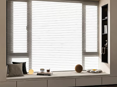 Cozy Bay Window Seat With White Blinds Pillows Tray And Storage Drawers 3d model