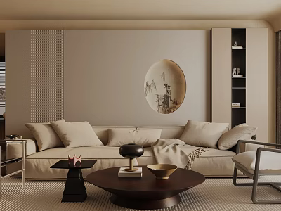 Elegant Modern Living Room With Beige Sofa Circular Wall Art And Wooden Coffee Table 3d model