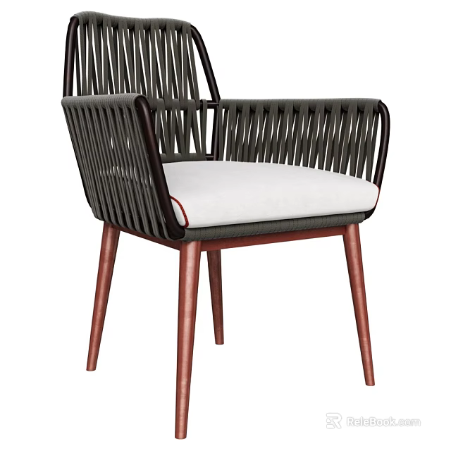 Modern Rattan Accent Lounge Chair With Wooden Legs And White Cushioned Seat 3d model 