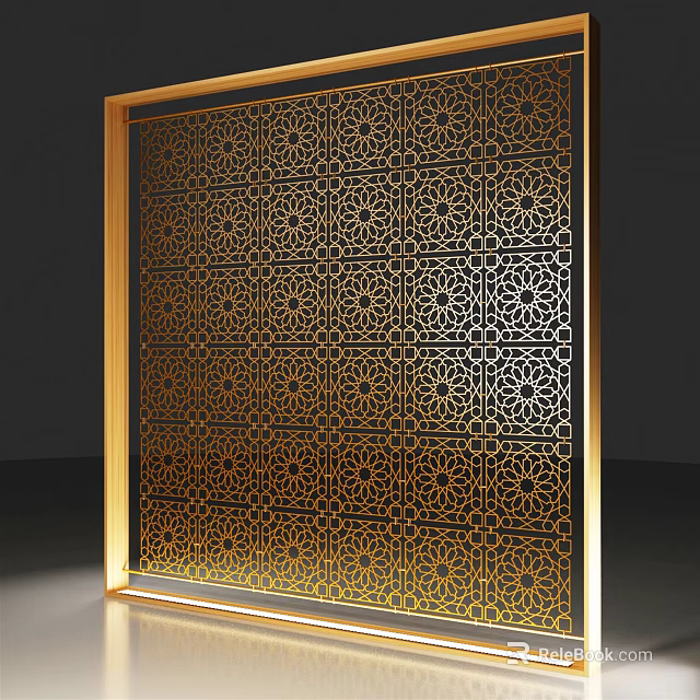 Elegant Modern Room Divider With Gold Frame And Intricate Cutout Patterns 3d model