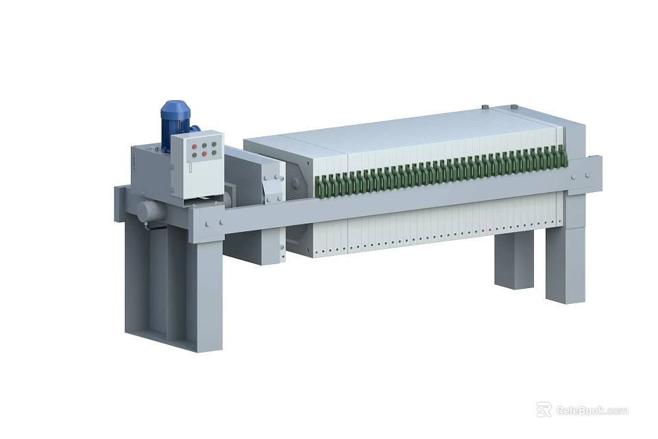 Industrial Filter Press With Gray Body Blue Motor Multiple Filter Plates And Control Panel 3d model 