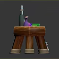Wooden Table Display With Colorful Glass Bottles And Purple Orange Striped Tablecloth