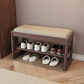 Wooden Storage Stool With Open Lid Holding Shoes And Small Items On Shelves