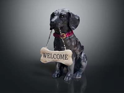 Black and White Dog Statue With Red Collar Holding Bone Shaped Welcome Sign 3d model