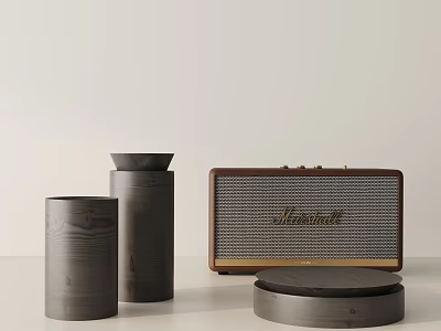 Decorative Ornament Set with Gray Cylindrical Vases Marshall Speaker Brown Frame and Round Base 3d model