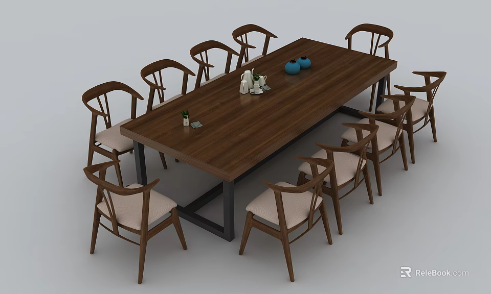 Wooden Conference Table Surrounded by Light Upholstered Chairs With Blue Teapot and Decorative Items 3d model 