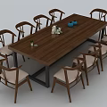 Wooden Conference Table Surrounded by Light Upholstered Chairs With Blue Teapot and Decorative Items