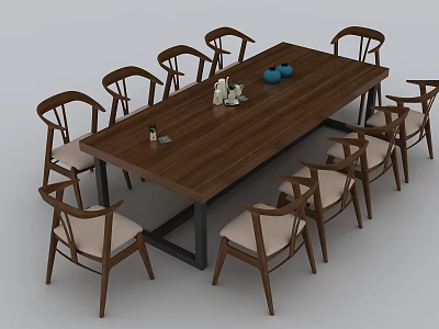 Wooden Conference Table Surrounded by Light Upholstered Chairs With Blue Teapot and Decorative Items 3d model