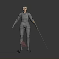 A Woman in Silver Armor Holding a Sword with Red Cloth Fragments on Gray Background