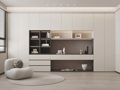Modern Study Room Interior Design With White Cabinets Bookshelves And Cozy Chair 3d model