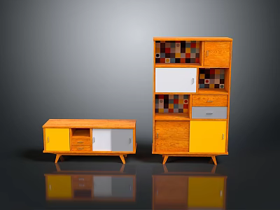 Modern Wooden Furniture Set With Orange White Yellow Cabinets And Storage Compartments 3d model
