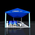 Modern Car Showroom With Blue Canopy Parked Cars And Display Easels