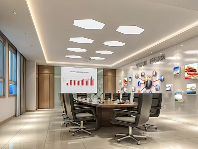 Modern Conference Room Interior Design With Long Table Black Rolling Chairs Projection Screen Hexagonal Lights 3d model