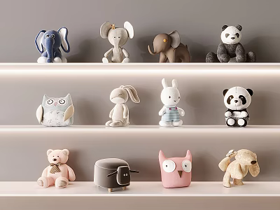 Plush Stuffed Animal Collection Displayed on White Shelves with Various Designs 3d model