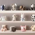 Plush Stuffed Animal Collection Displayed on White Shelves with Various Designs