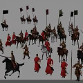 Ancient Military Scene with Soldiers Cavalrymen Flags Red Brown Costumes Horseback and Foot Weapons