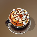 Creamy Coffee Beverage With Swirl Latte Art And Marshmallows On Cup Saucer