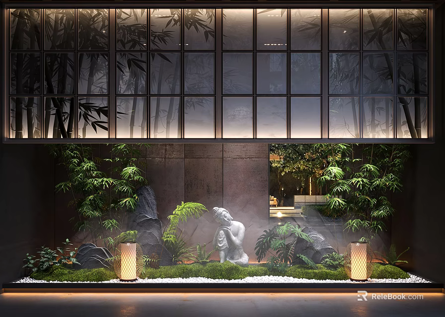 Tranquil Indoor Landscape With Lush Green Plants Stone Statue Lantern Lights And Bamboo Backdrop 3d model 