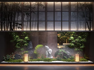 Tranquil Indoor Landscape With Lush Green Plants Stone Statue Lantern Lights And Bamboo Backdrop 3d model