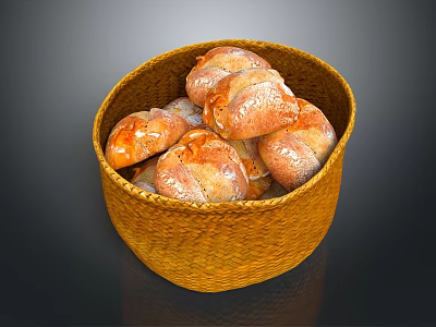 Wicker Basket Filled With Fresh Golden Brown Bread Rolls For Daily Use 3d model