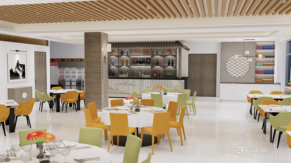 Modern Restaurant Interior With Yellow Green Chairs White Tables Wooden Ceiling And Decorative Shelves 3d model 