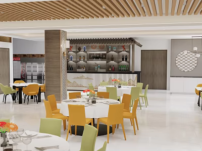 Modern Restaurant Interior With Yellow Green Chairs White Tables Wooden Ceiling And Decorative Shelves 3d model